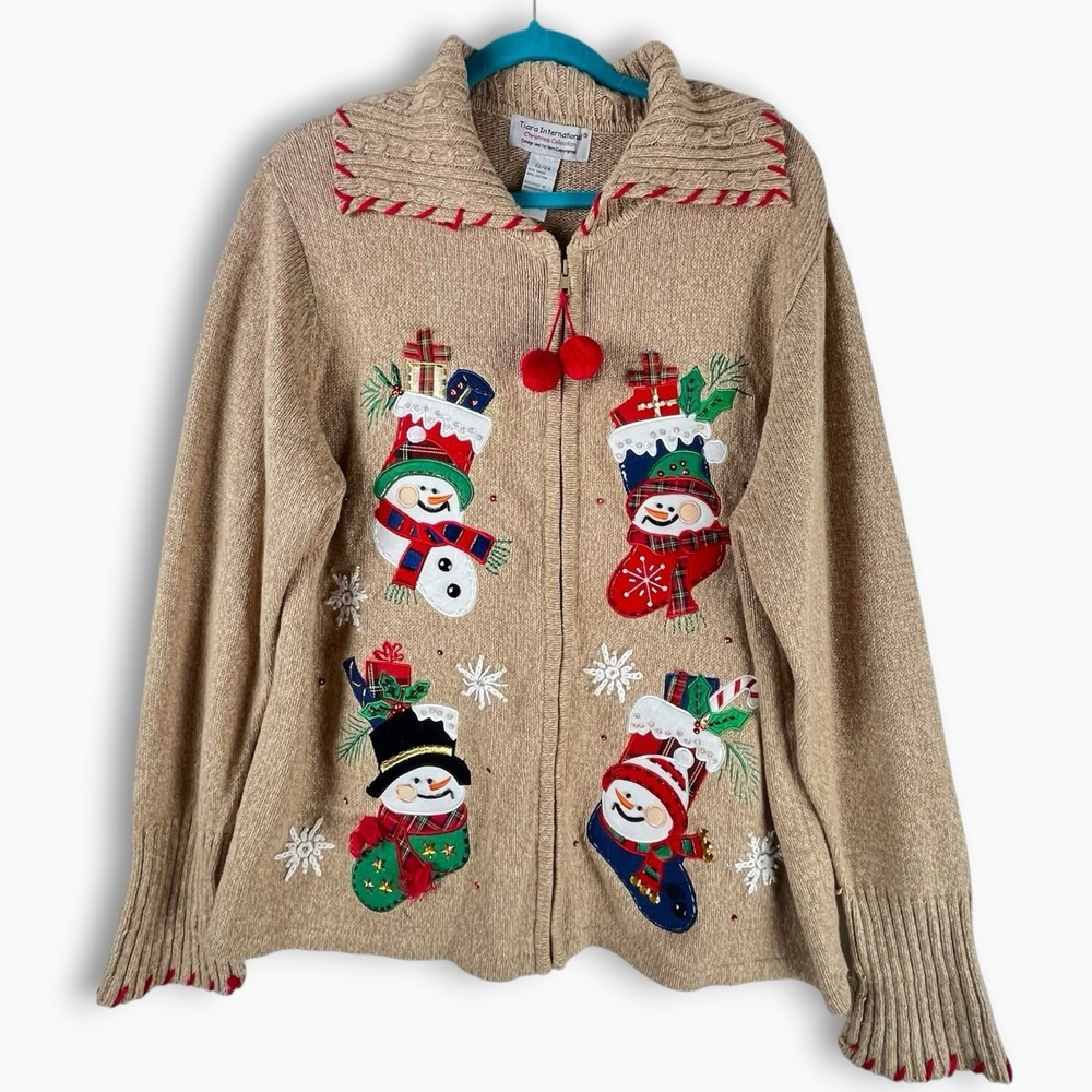 Tiara International Christmas Cardigan Sweater Snowmen Full Zip  22 24 Beige Red